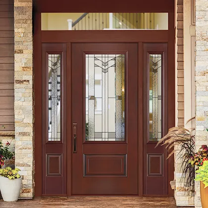 Elegant front entry with Masonite front entry door, side lites and transom with decorative glass